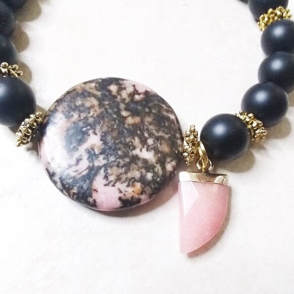2x Rhodonite Stack Bracelet Set! Statement Bracelet Set 7.5" ~ Pink & Black! - Picture 2 of 9